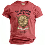 Red t-shirt with "The Fellowship of the Groom" and "Kenneth's Bach" graphics.