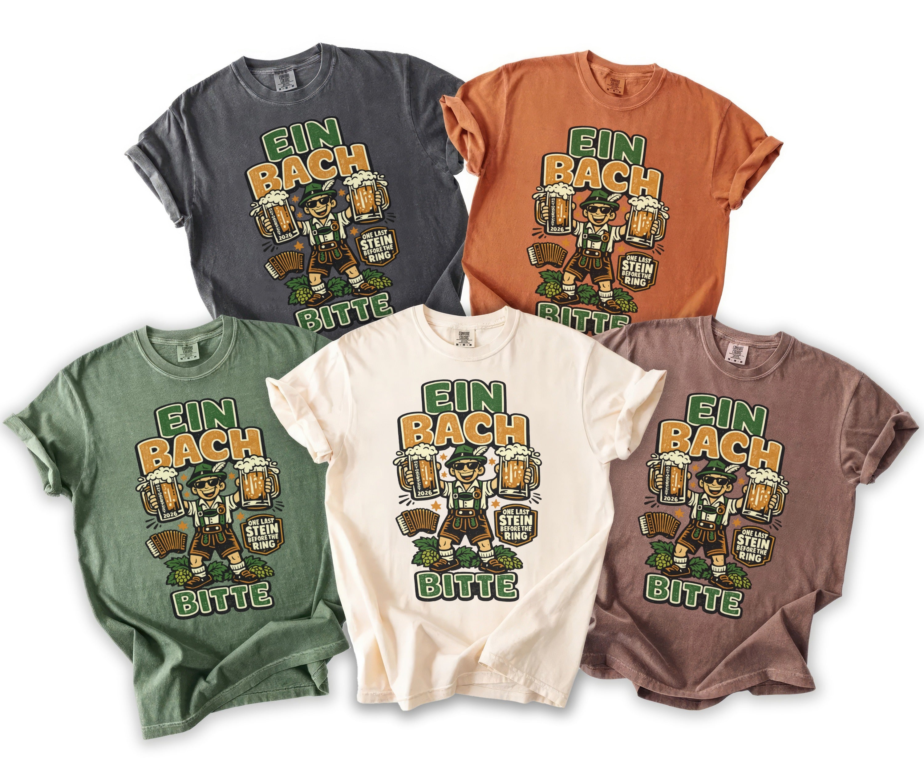 Five t-shirts in various colors featuring a graphic of a man with beers and text.