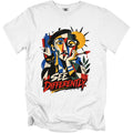 White t-shirt with cubist art of a painter, cat, and text "SEE DIFFERENTLY".