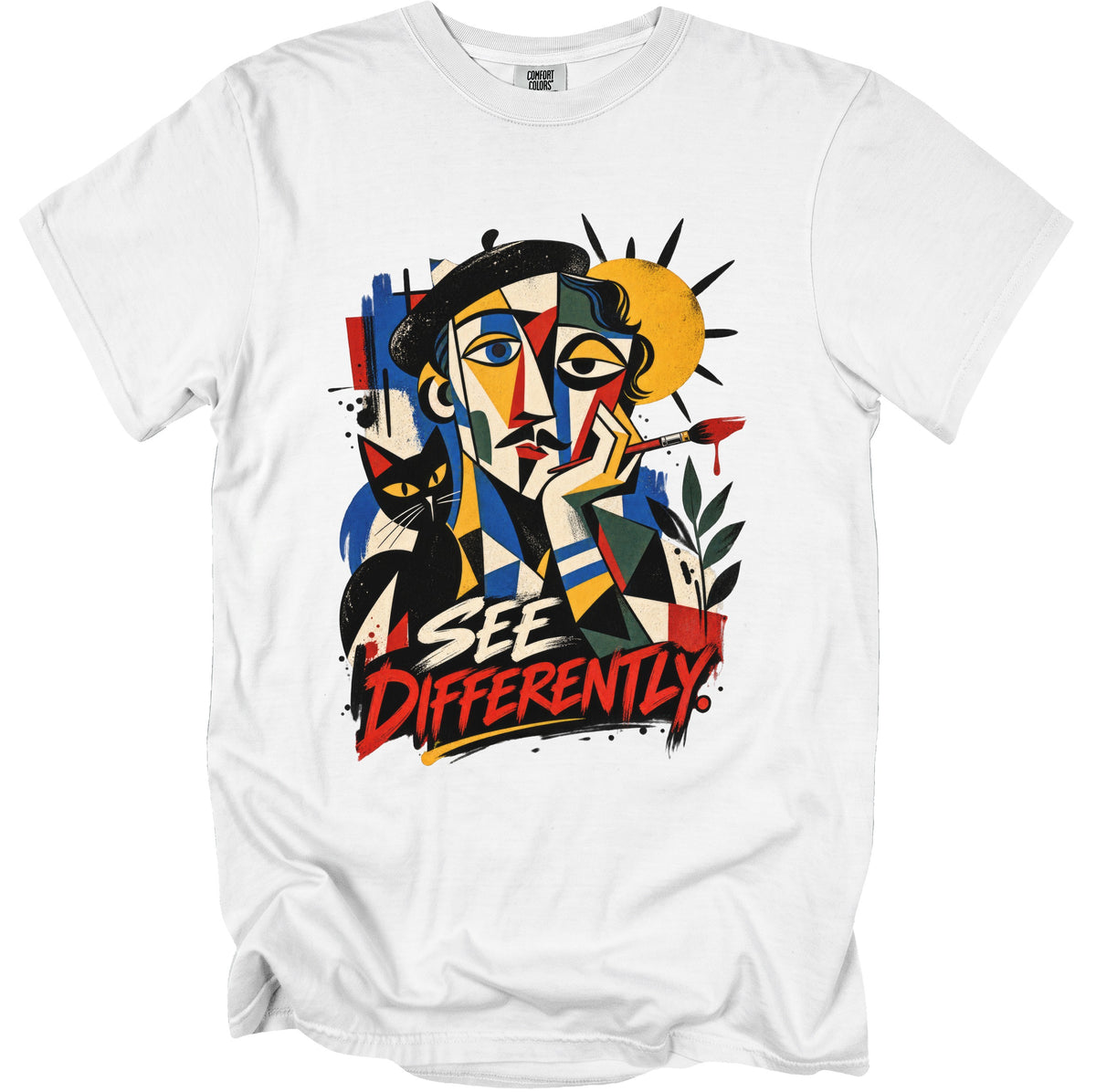 White t-shirt with cubist art of a painter, cat, and text "SEE DIFFERENTLY".