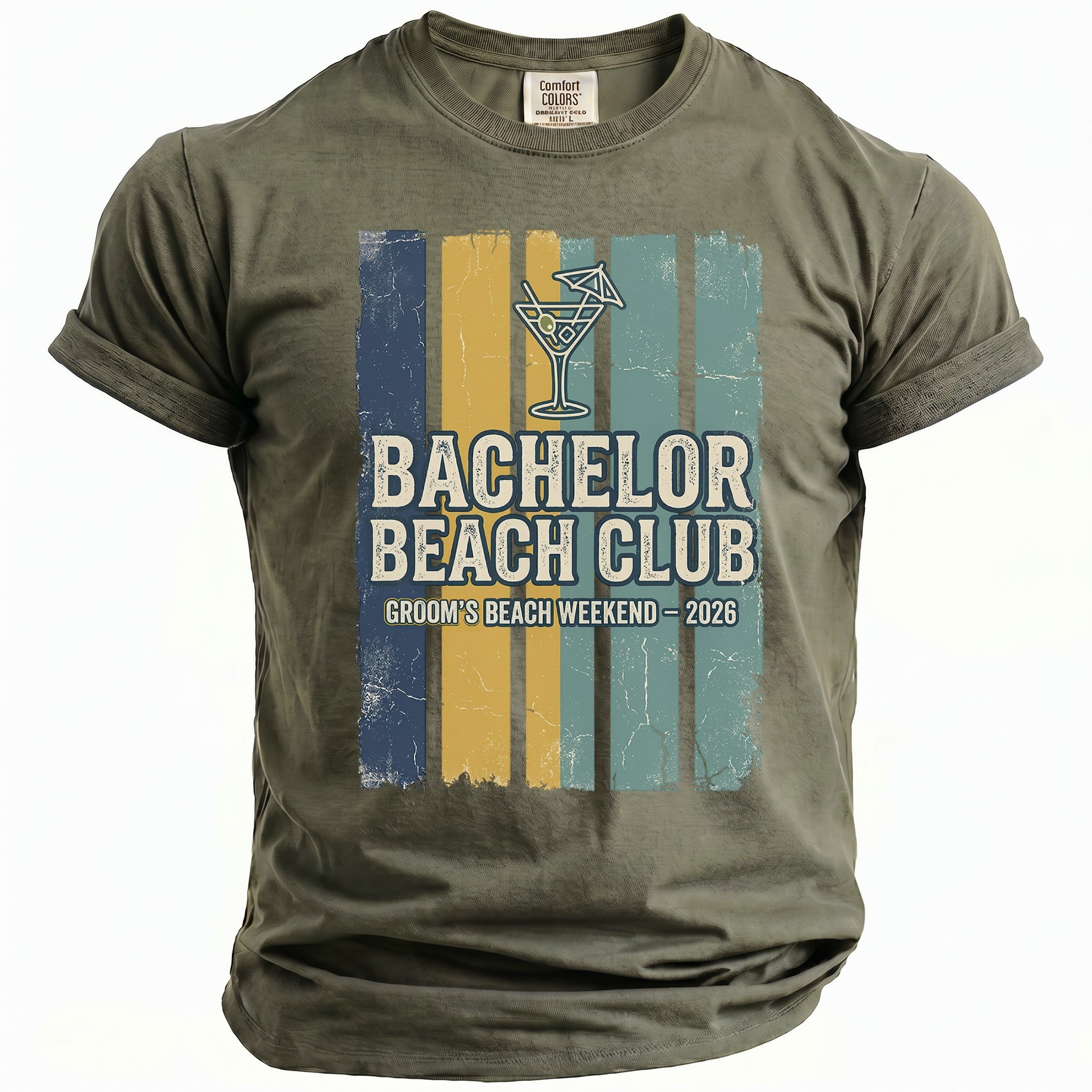 Olive green t-shirt with distressed "Bachelor Beach Club Groom's Beach Weekend 2026" text.