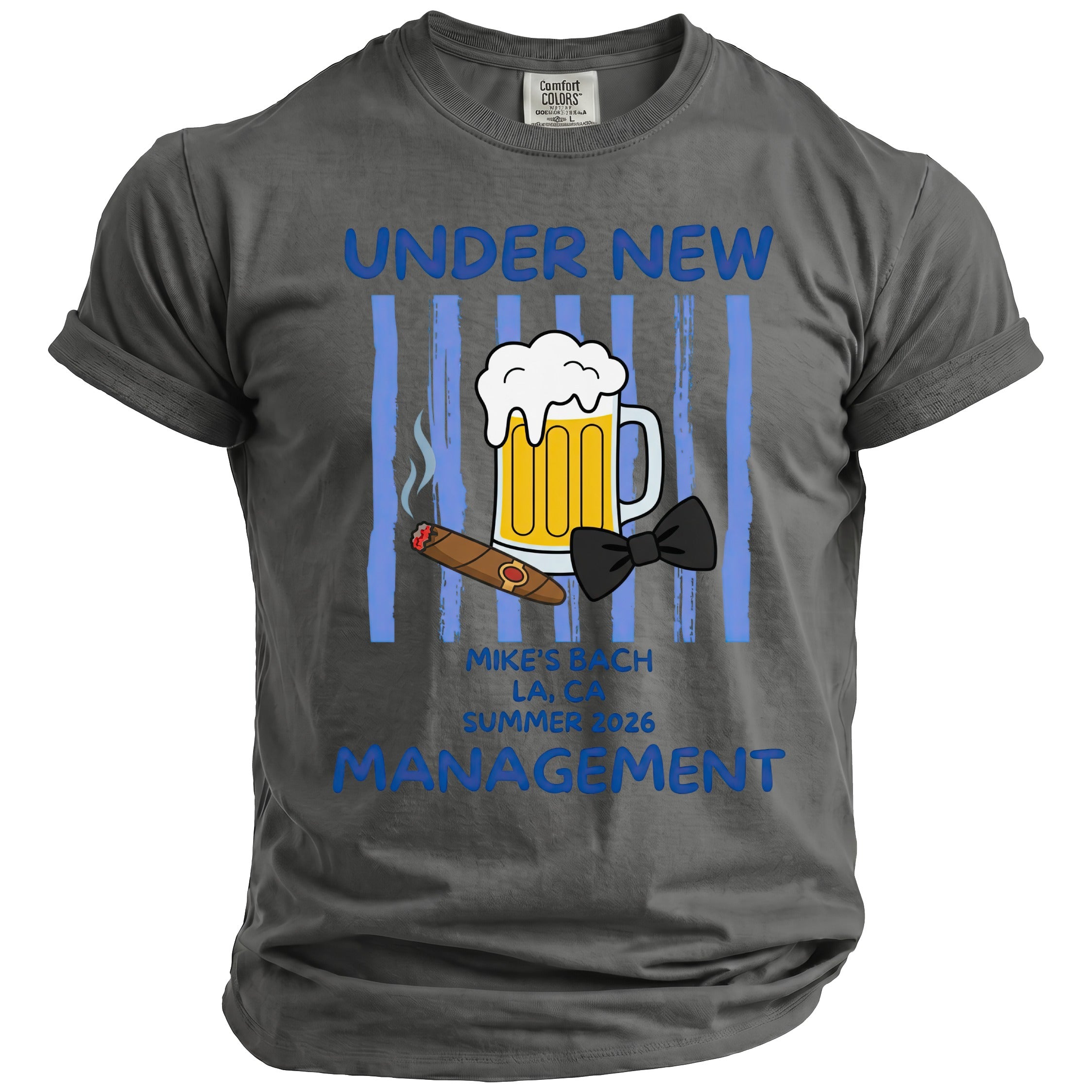 T-shirt with beer, cigar, bow tie, and text "Under New Management".