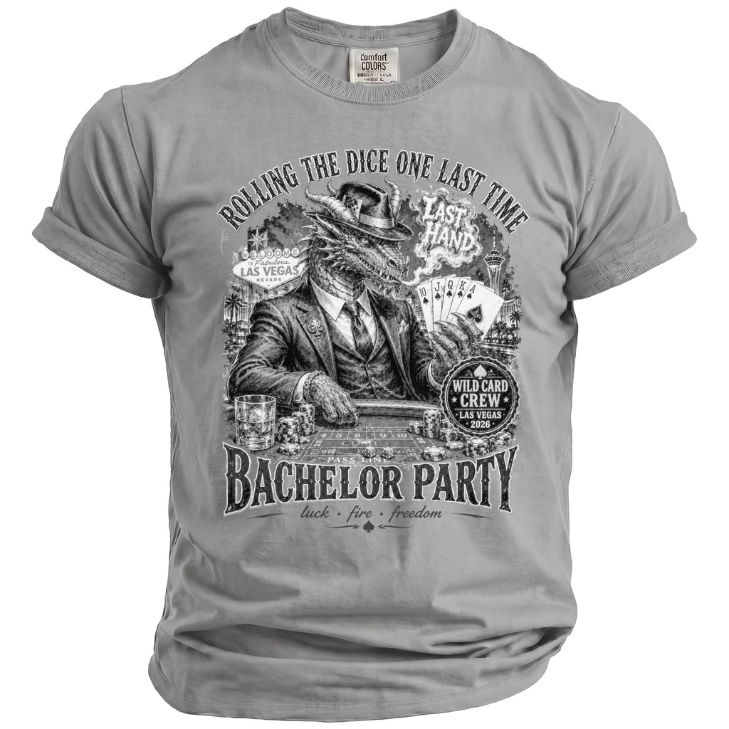 Dragon in suit playing poker at Las Vegas table, "Bachelor Party" text.