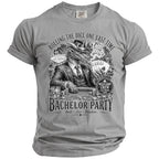 Dragon in suit playing poker at Las Vegas table, "Bachelor Party" text.