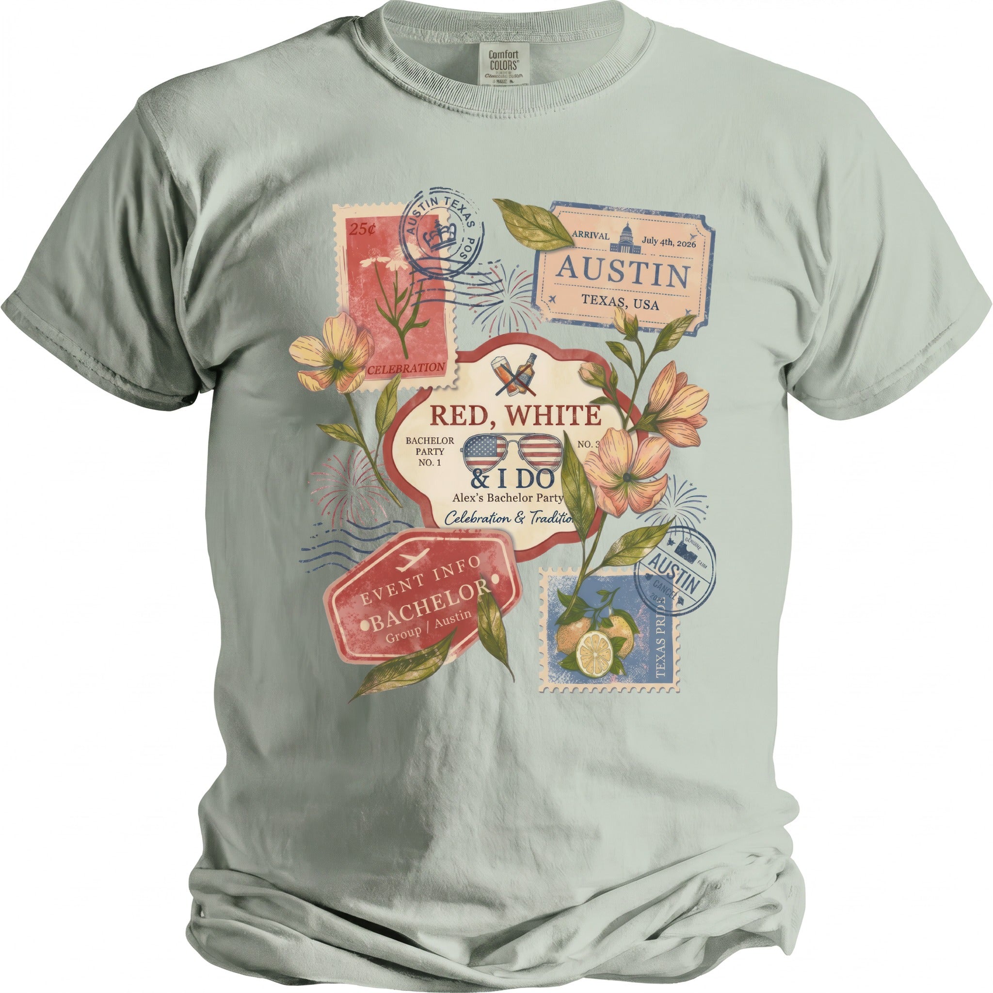 T-shirt featuring stamp designs for Alex's Bachelor Party in Austin, Texas.