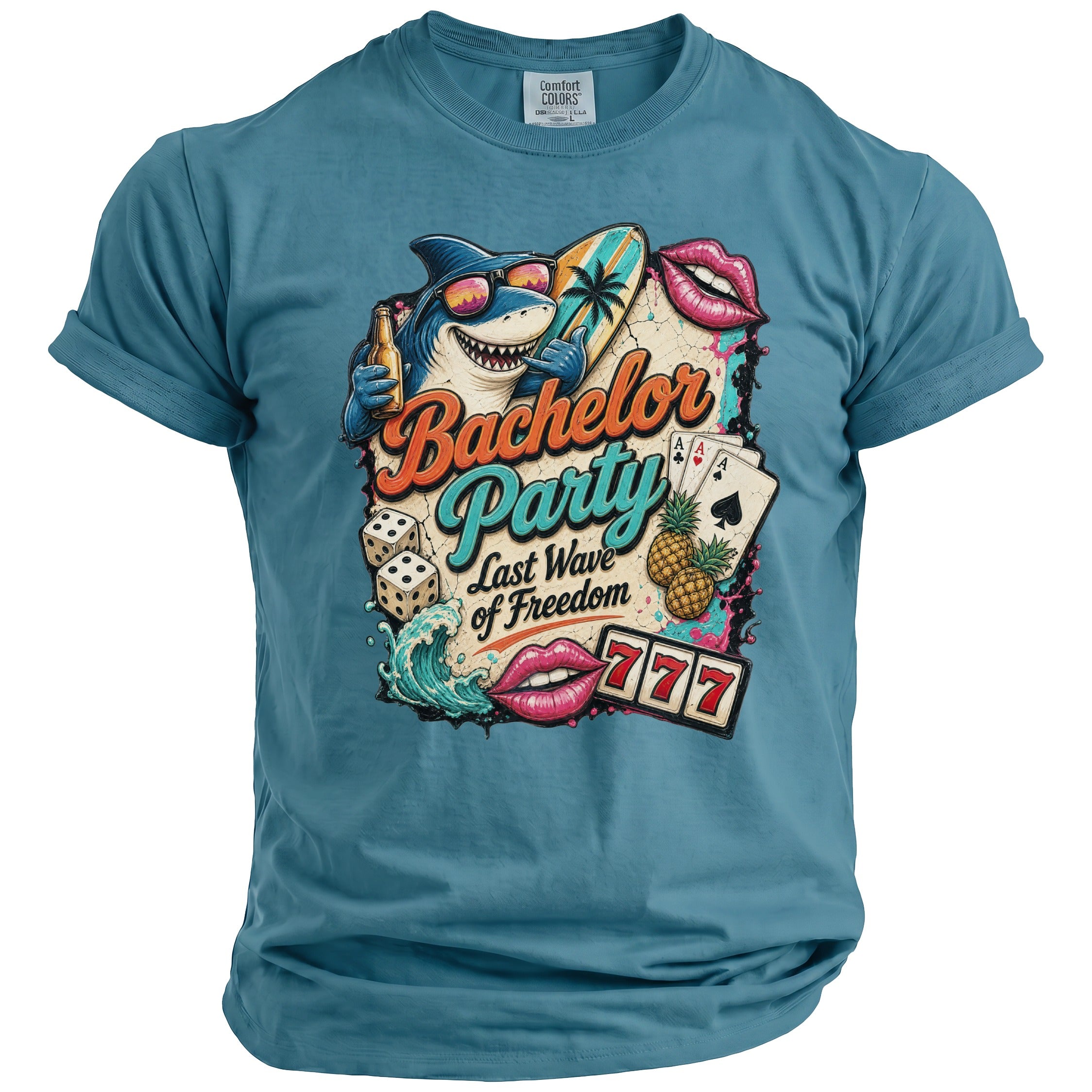 Blue t-shirt with "Bachelor Party Last Wave of Freedom" graphics featuring a shark, dice, cards, and lips.