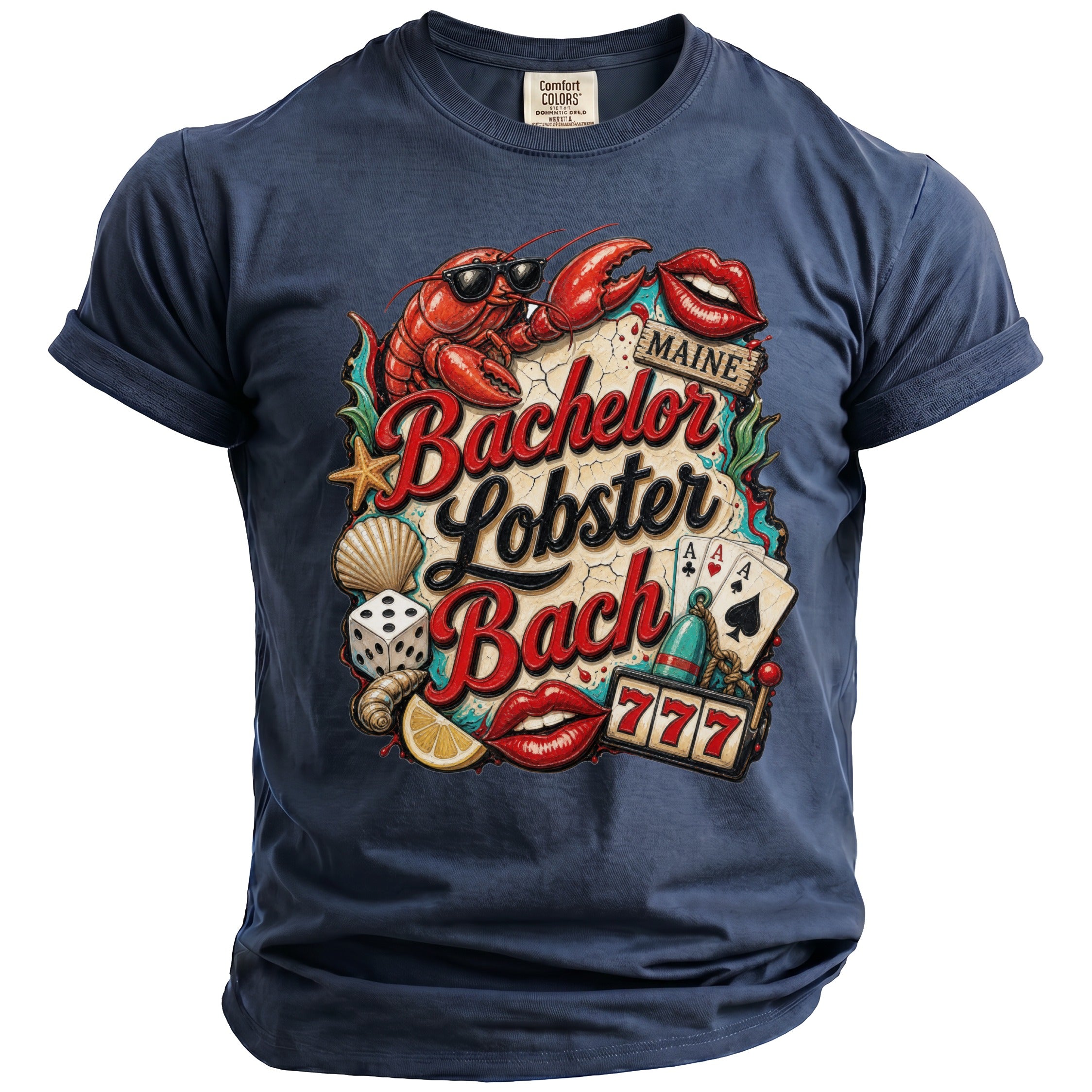 T-shirt with "Bachelor Lobster Bach Maine" graphic featuring a lobster, dice, cards, and lips.