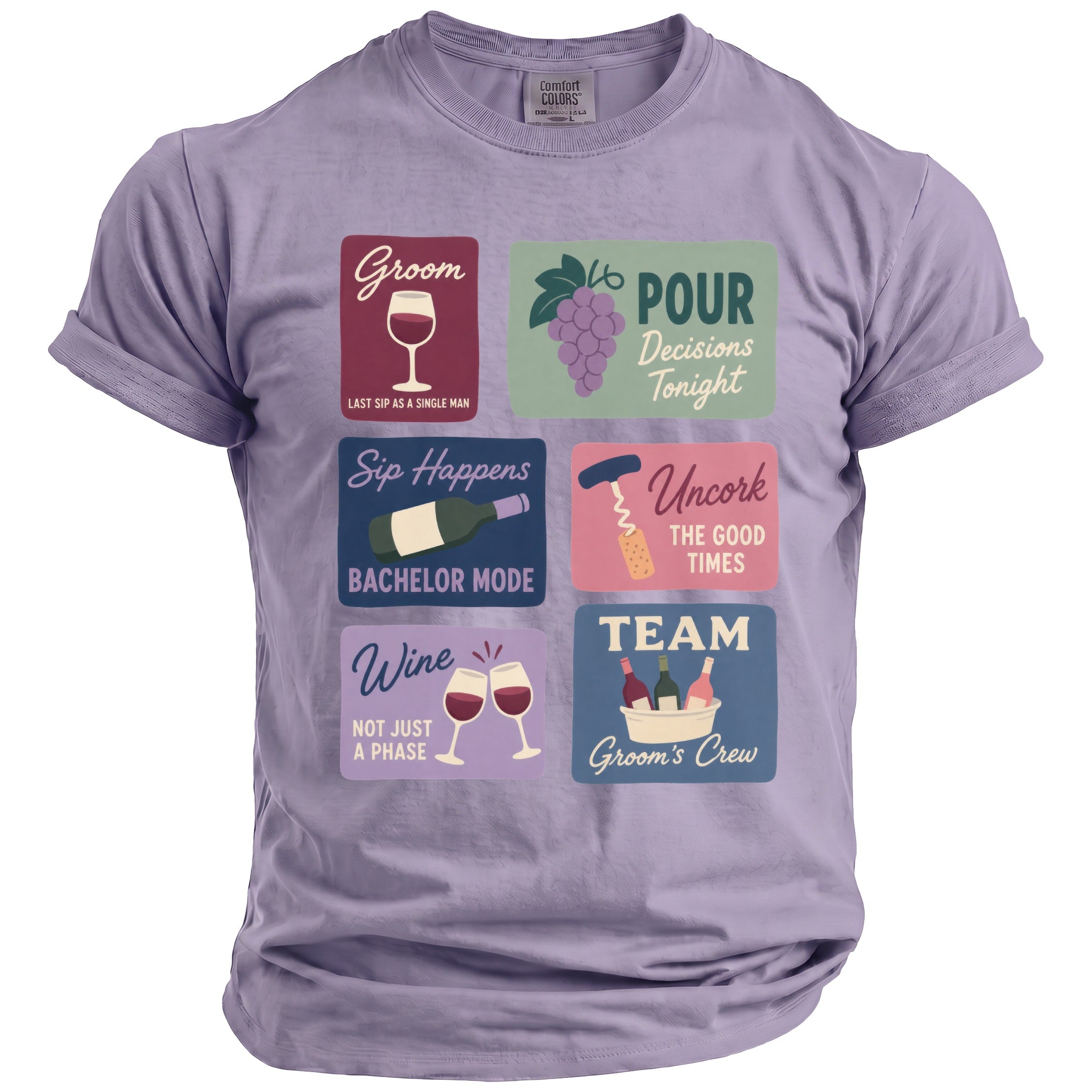 Lavender t-shirt with six graphic squares: Groom, Pour Decisions, Sip Happens, Uncork, Wine, Team.