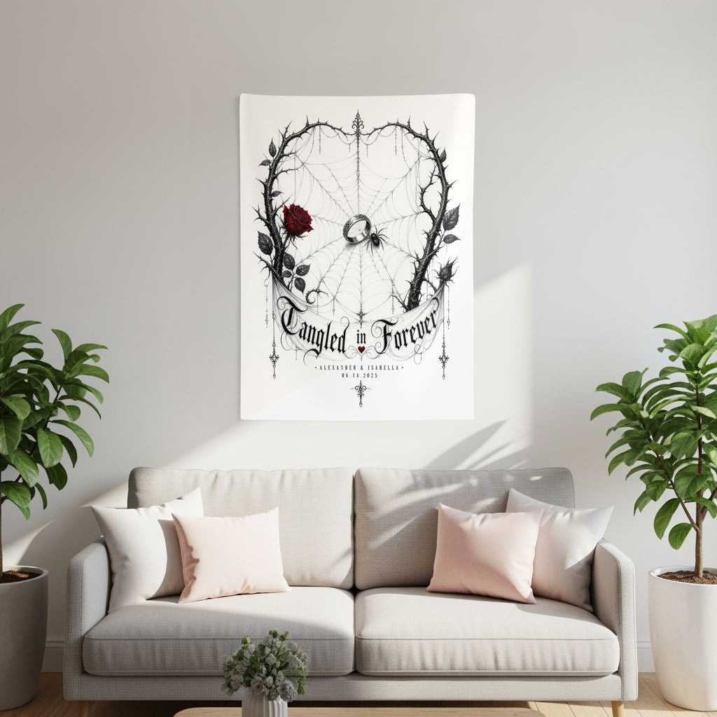 Tapestry with tangled thorny branches, spiderweb, rose, ring, and text "Tangled in Forever."