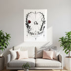 Tapestry with tangled thorny branches, spiderweb, rose, ring, and text "Tangled in Forever."