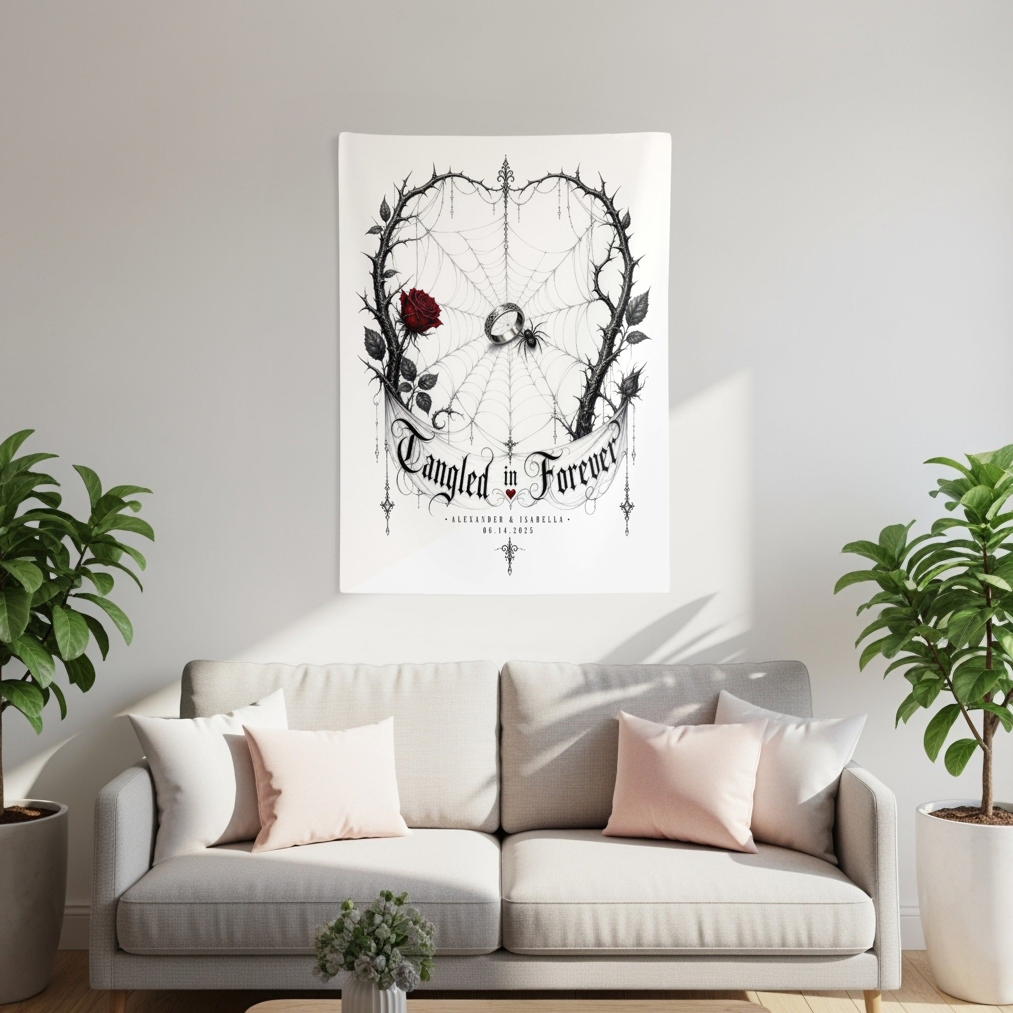 Tapestry with tangled thorny branches, spiderweb, rose, ring, and text "Tangled in Forever."