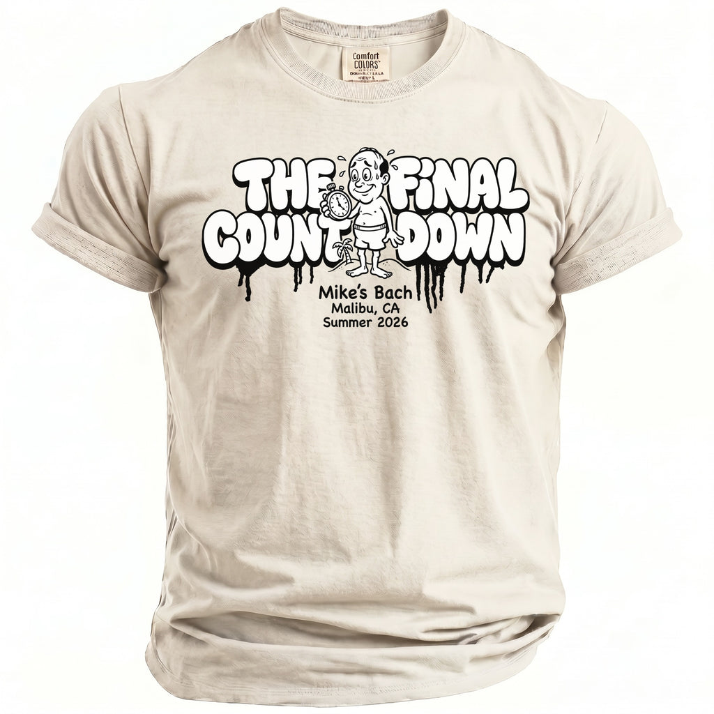 Sand t-shirt with "The Final Countdown" graphic and "Mike's Bach Malibu, CA Summer 2026" text.