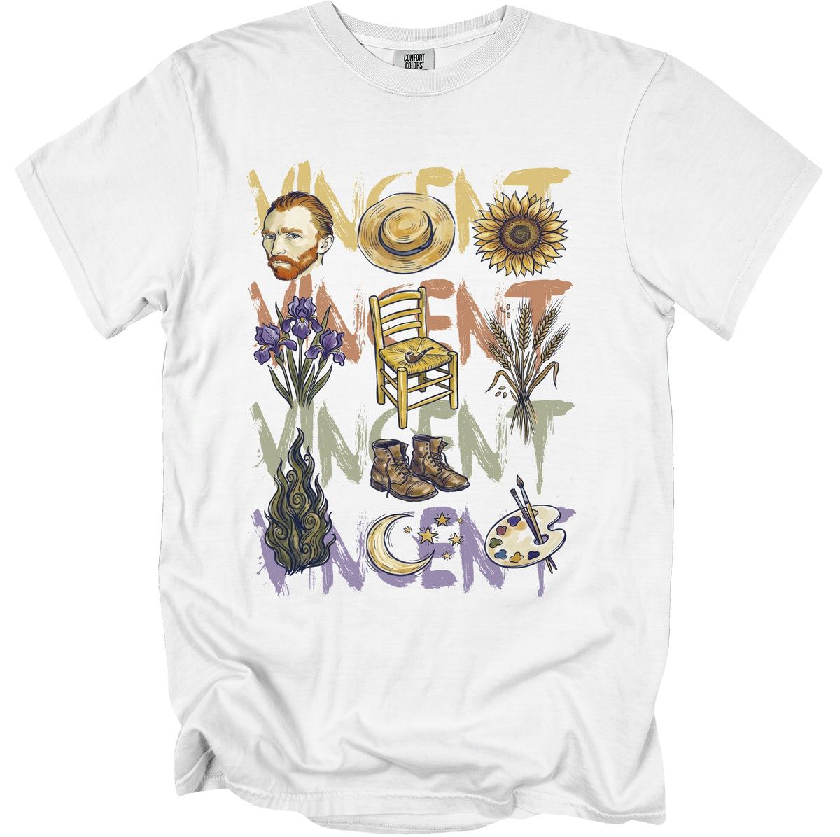 White t-shirt with a collage of Vincent van Gogh-inspired illustrations and text.