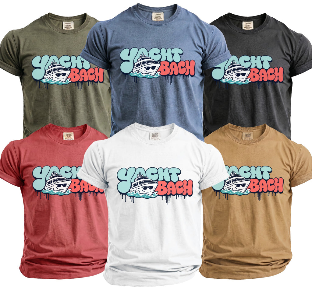 Multiple t-shirts in various colors with a "Yacht Bach" graphic featuring a yacht with sunglasses.