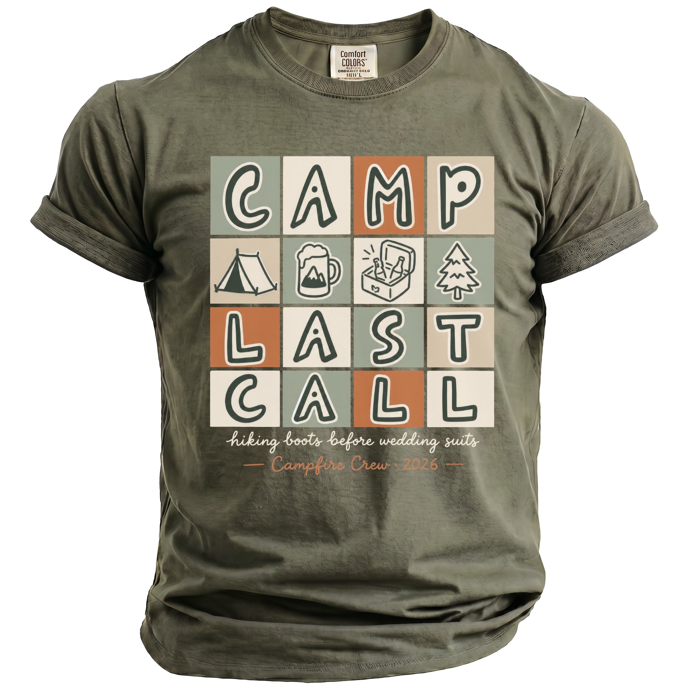 Olive green t-shirt with "CAMP LAST CALL" graphic, icons, and "Campfire Crew 2026" text.