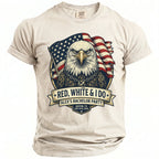 T-shirt with eagle, American flag, and text "Red, White & I Do" for bachelor party.