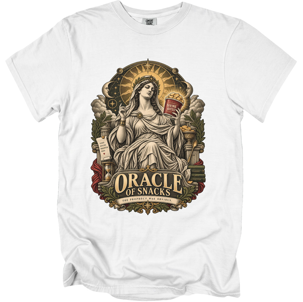 T-shirt with "Oracle of Snacks" design featuring a woman holding "Divine Bites" snacks.