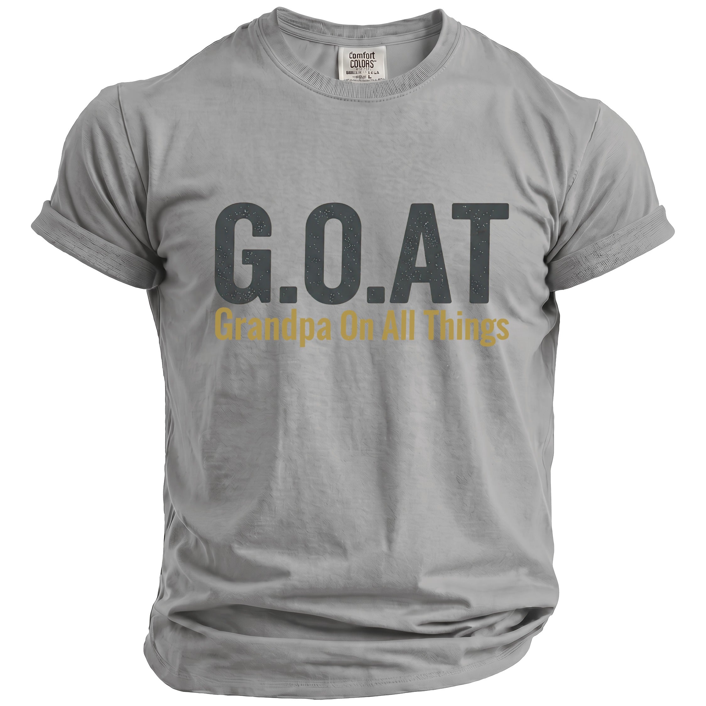 Grey t-shirt with "G.O.A.T Grandpa On All Things" graphic