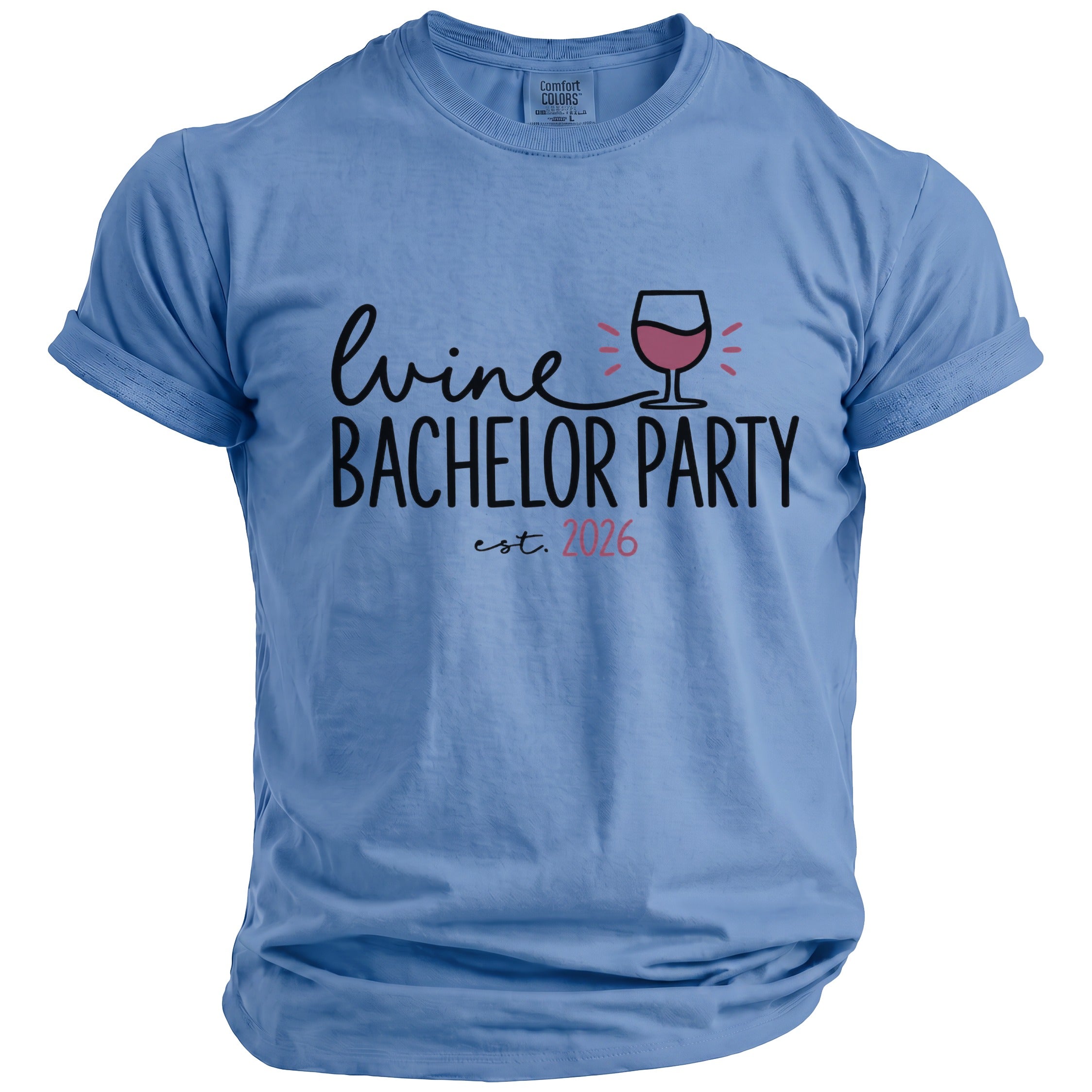 Blue t-shirt with "wine BACHELOR PARTY est. 2026" and wine glass graphic.