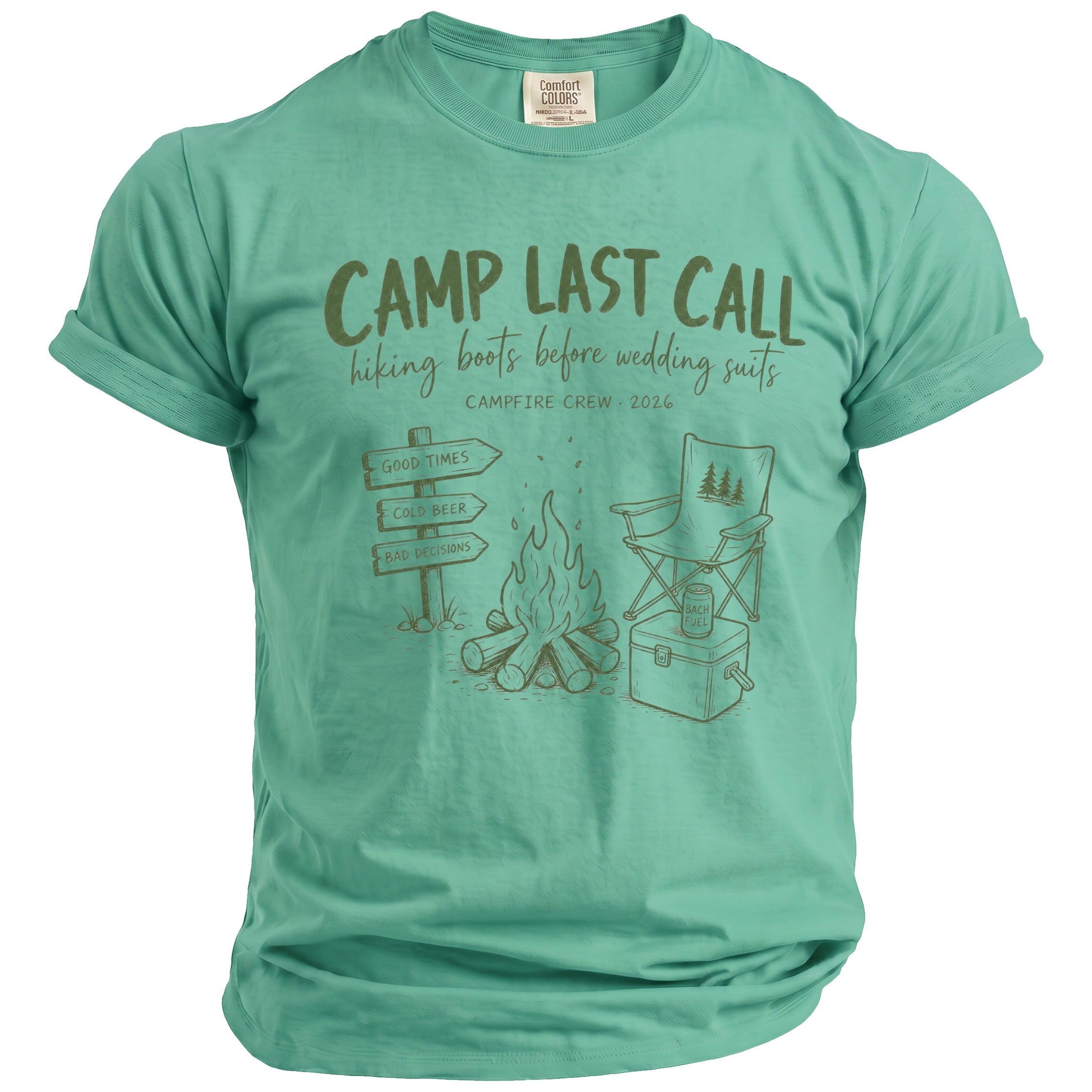 Camp Last Call hiking boots before wedding suits with campfire crew 2026 graphic.