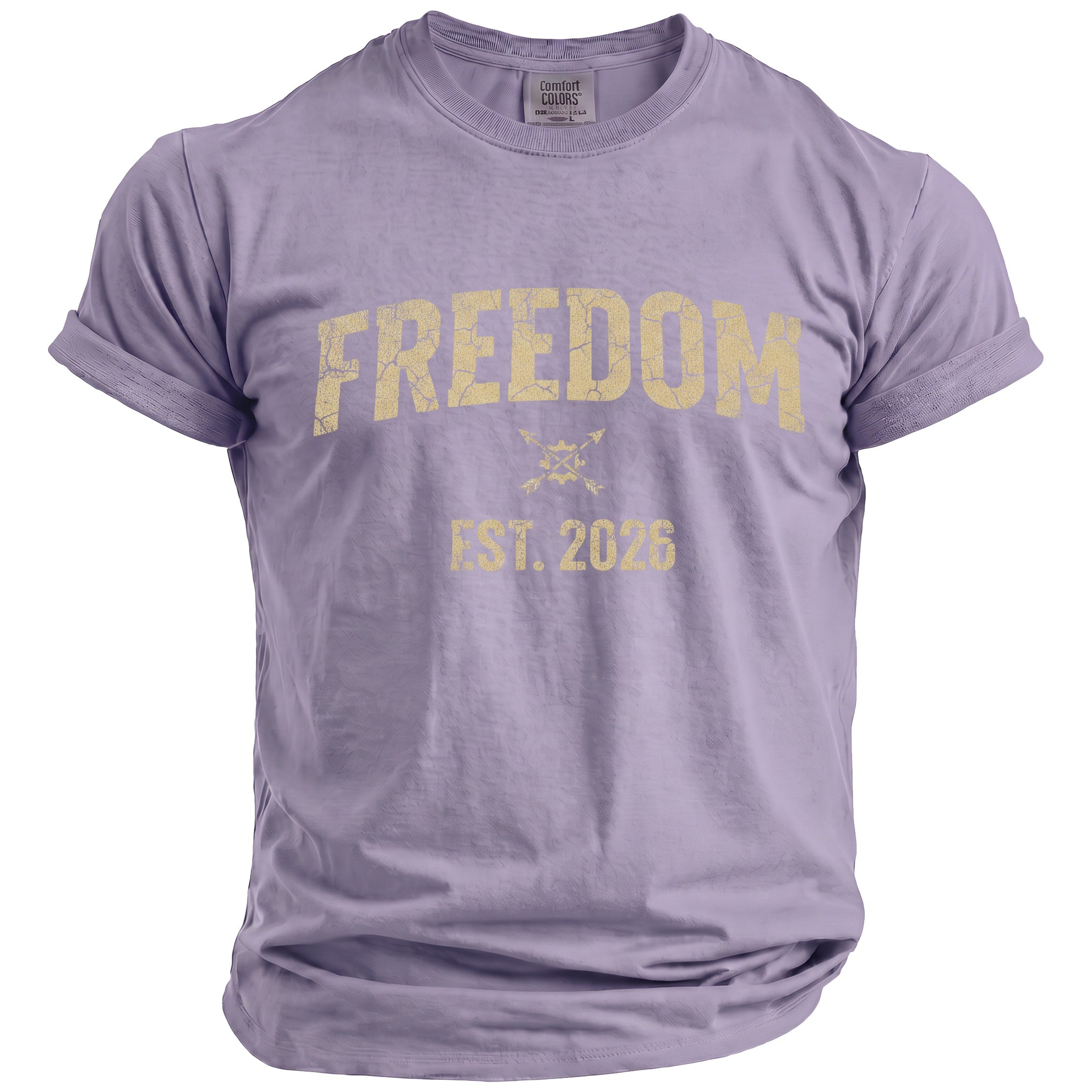 Purple t-shirt with distressed "FREEDOM EST. 2026" graphic and arrows.