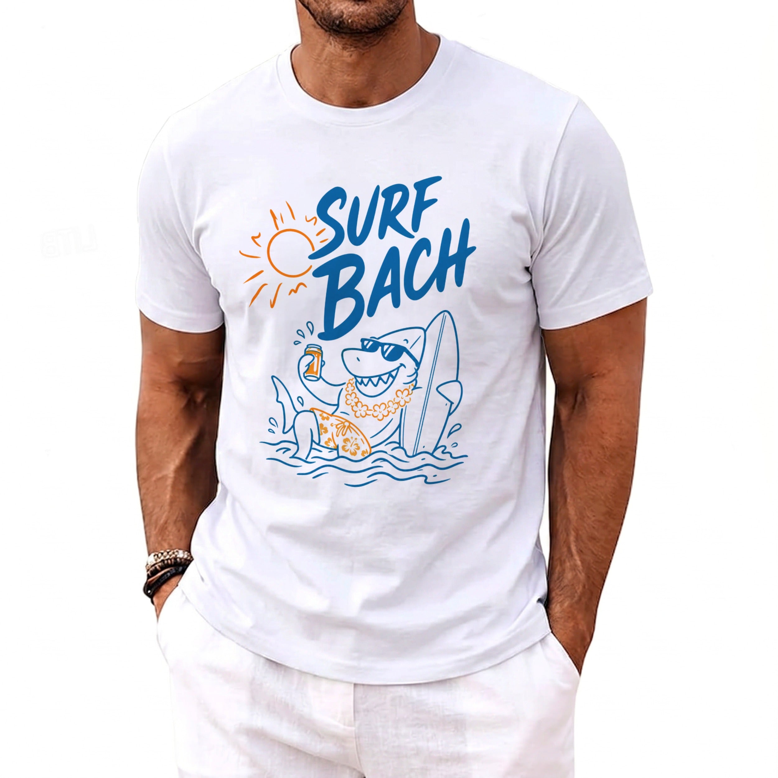 White t-shirt with graphic of shark in Hawaiian shirt and sunglasses with "SURF BACH" text.