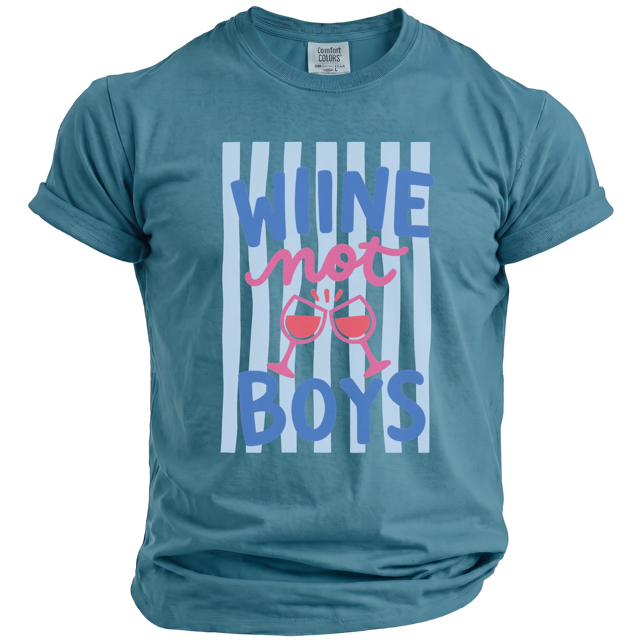 Teal t-shirt with "WINE not BOYS" text and two clinking wine glasses graphic.