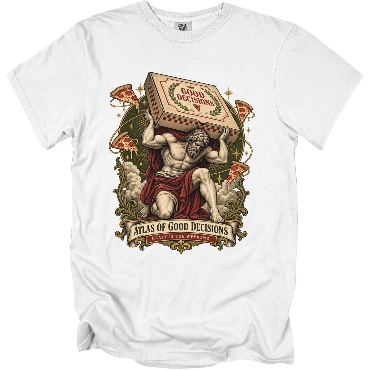 Atlas of Good Decisions t-shirt with pizza slices and text.