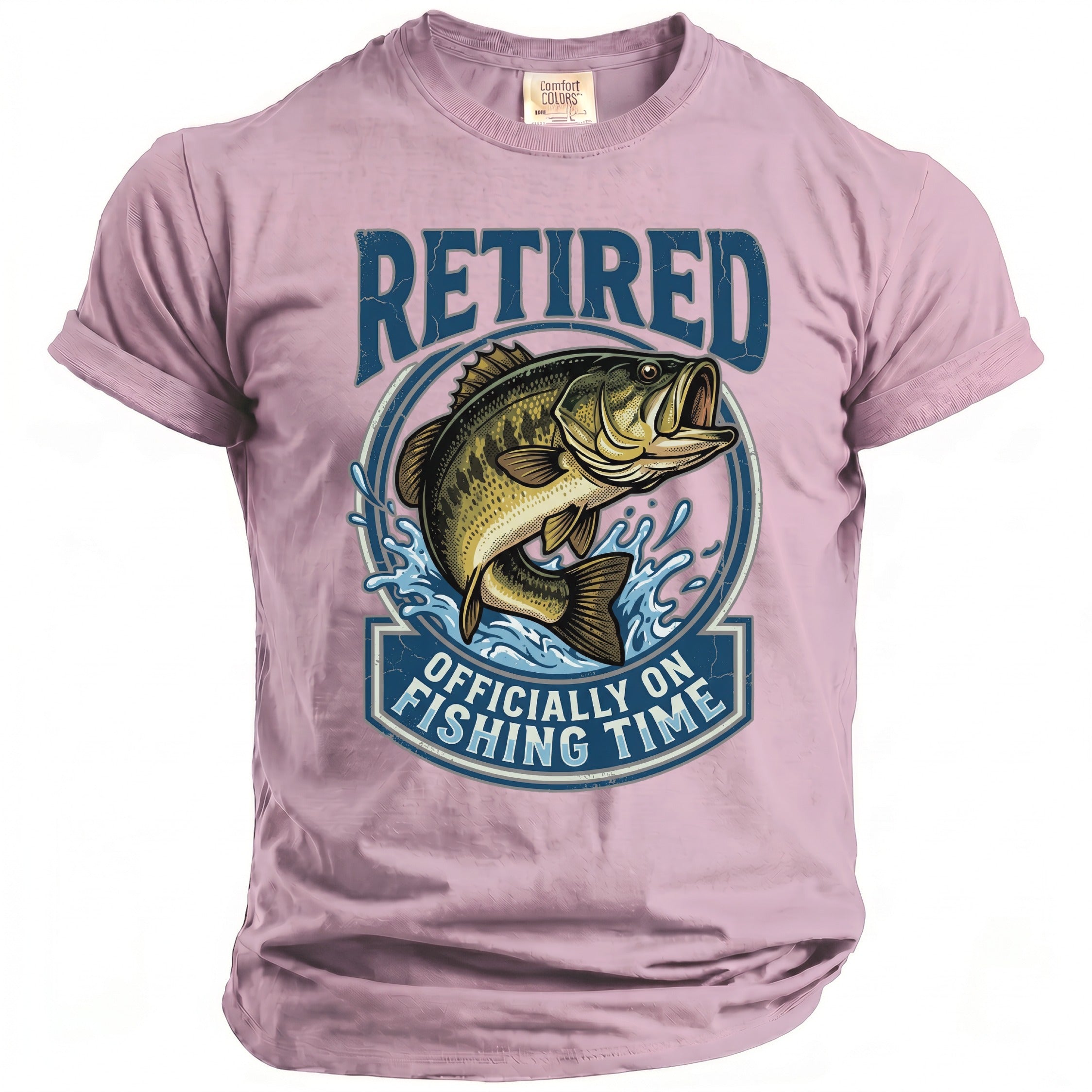 Pink t-shirt with "Retired Officially On Fishing Time" text and a jumping bass.