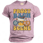 Pink t-shirt with "Prost Bach Scene" text, beer mug with hat and sunglasses, pretzel, and "Munchen 2026".