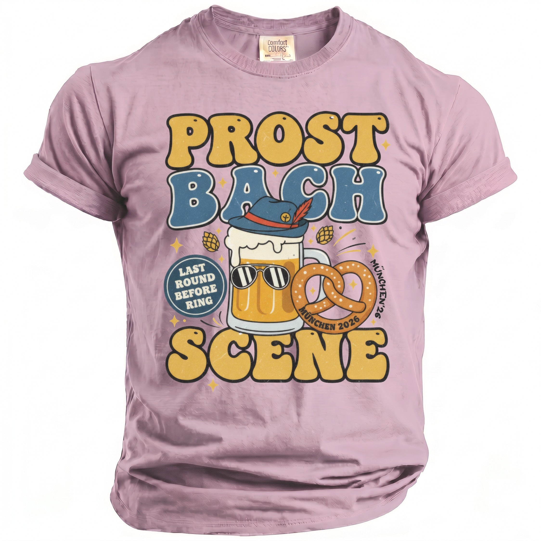 Pink t-shirt with "Prost Bach Scene" text, beer mug with hat and sunglasses, pretzel, and "Munchen 2026".