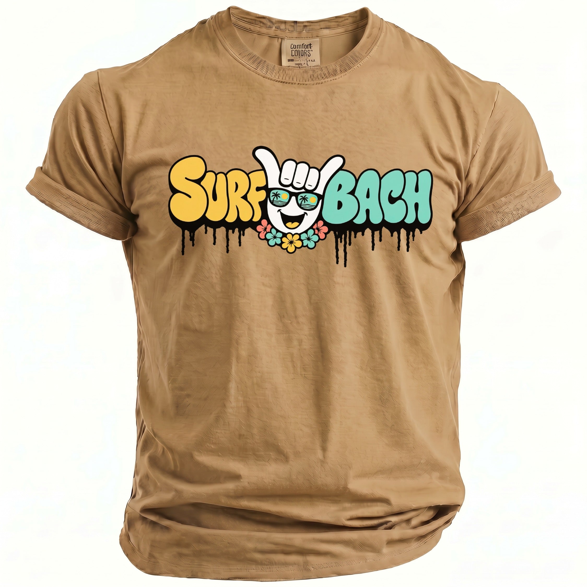 Tan t-shirt with colorful "Surf Bach" text and dripping paint graphic.