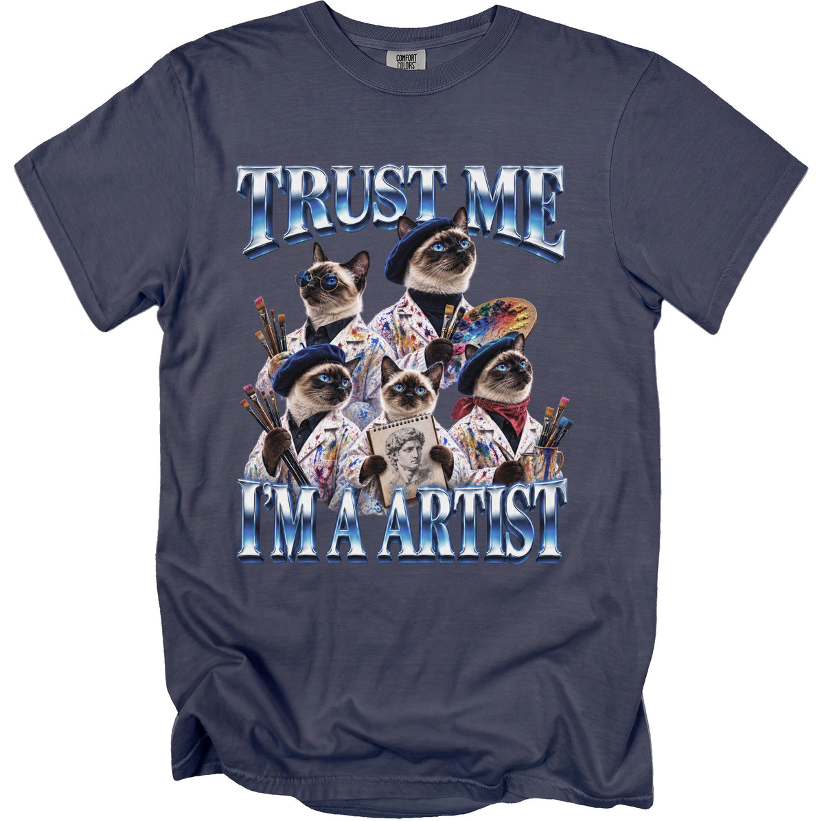 Five Siamese cats in artist smocks and berets, holding art supplies.