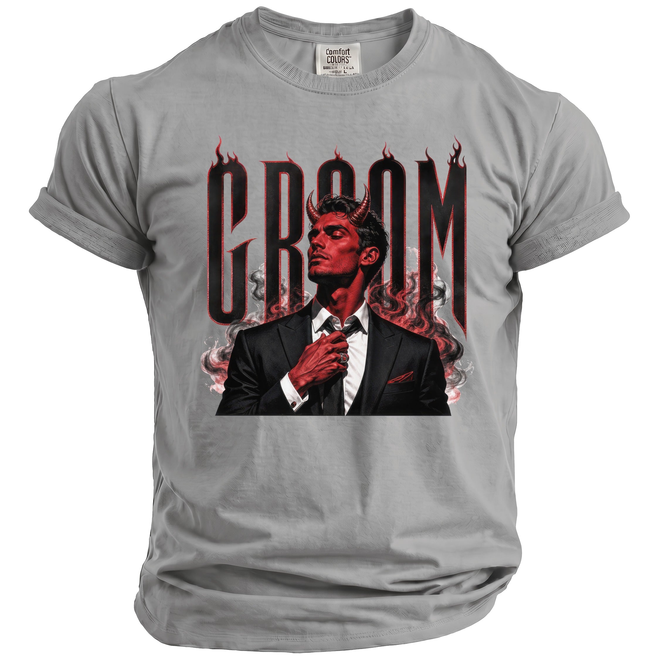 Grey t-shirt with "GROOM" text and devilish groom graphic.