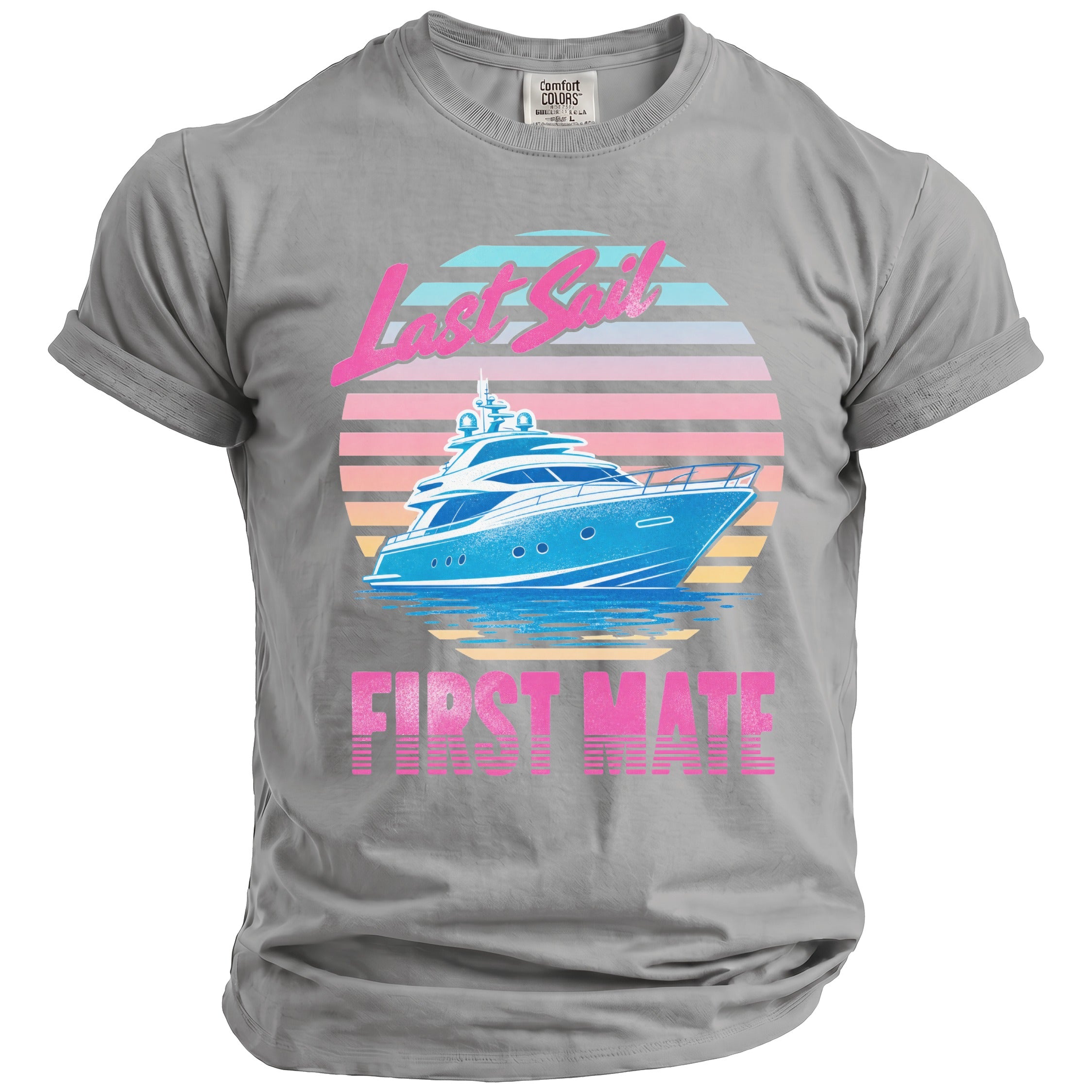 A gray crewneck t-shirt featuring a retro graphic of a blue yacht and sunset with the text Last Sail First Mate.