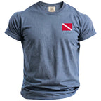 Blue t-shirt with a red and white dive flag and "Bahamas" text.