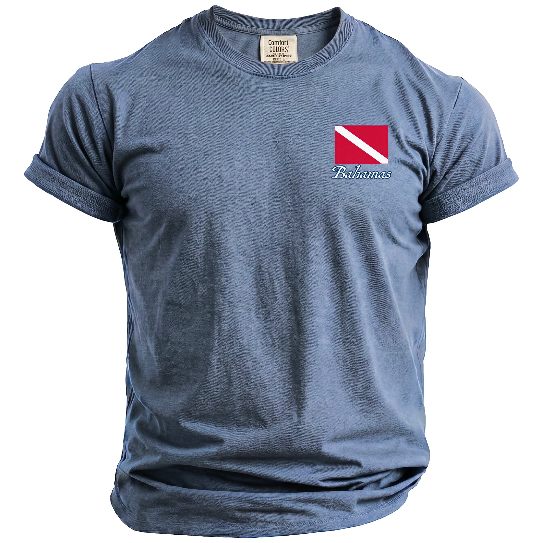 Blue t-shirt with a red and white dive flag and "Bahamas" text.