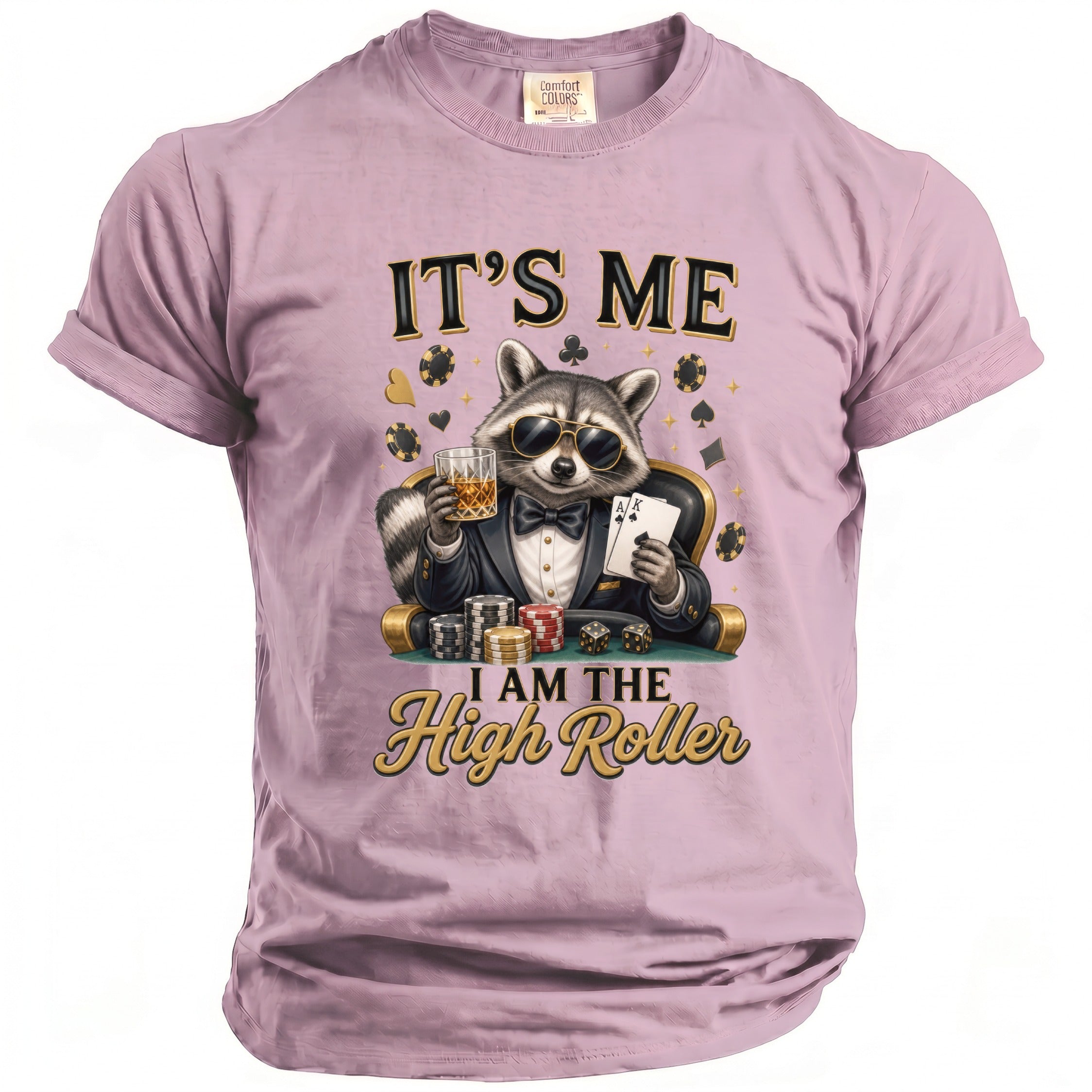Raccoon in tuxedo with sunglasses, holding whiskey and poker cards, with text "IT'S ME I AM THE High Roller".