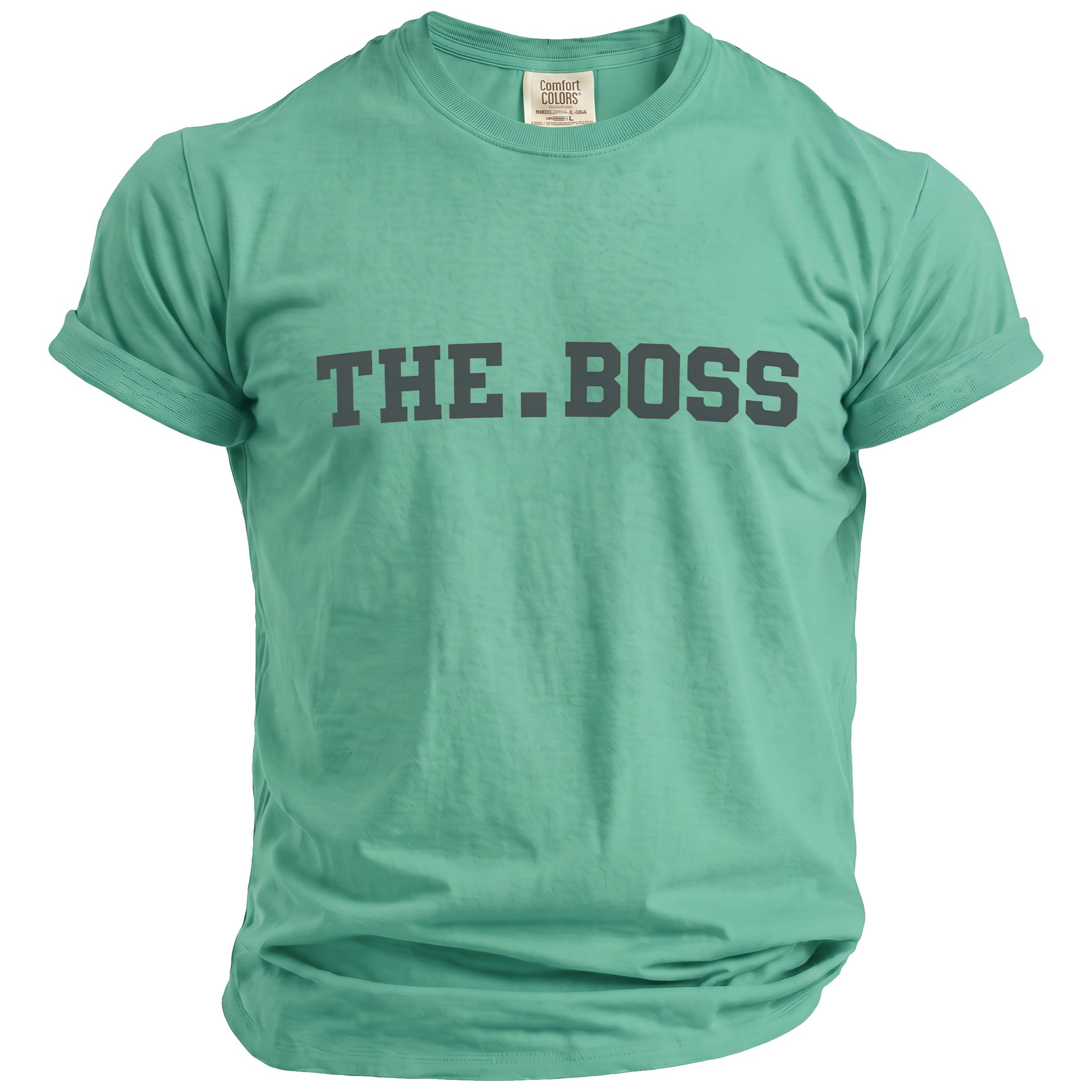 Mint green Comfort Colors t-shirt with "THE.BOSS" printed in dark gray.