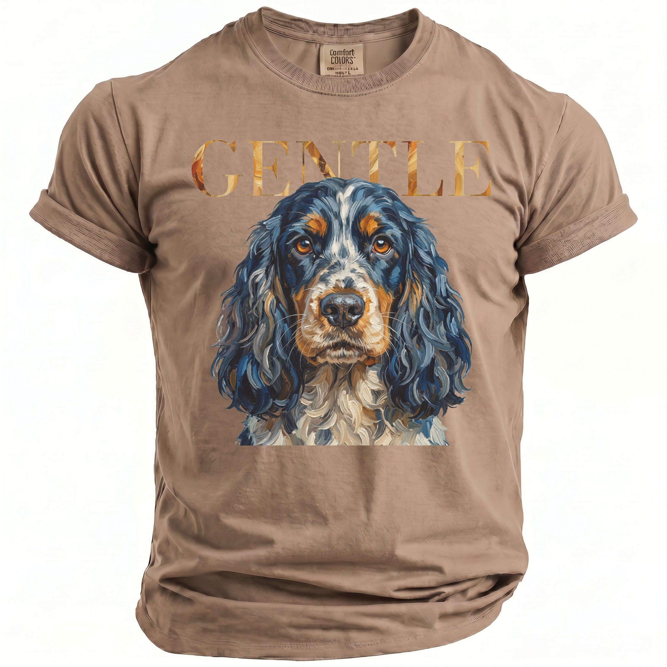 Brown t-shirt with a portrait of a spaniel dog and "GENTLE" text.