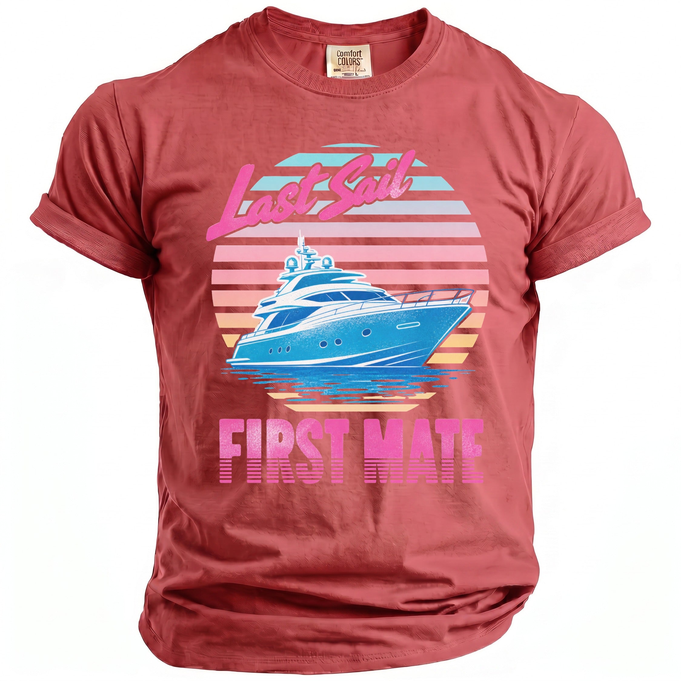 Red t-shirt featuring a retro graphic of a yacht with the text Last Sail First Mate.