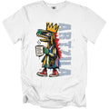 White t-shirt with a cartoon dinosaur wearing a crown and holding a "More Coffee Less People" mug.
