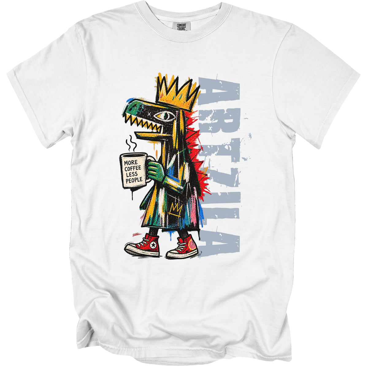 White t-shirt with a cartoon dinosaur wearing a crown and holding a "More Coffee Less People" mug.