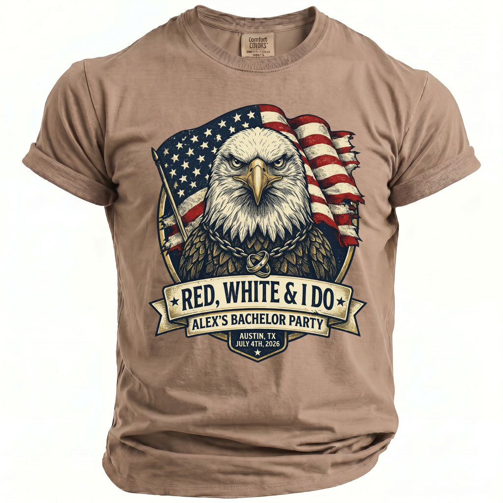 Eagle with American flag and rings on shirt, reading "Red, White & I Do Alex's Bachelor Party Austin, TX".