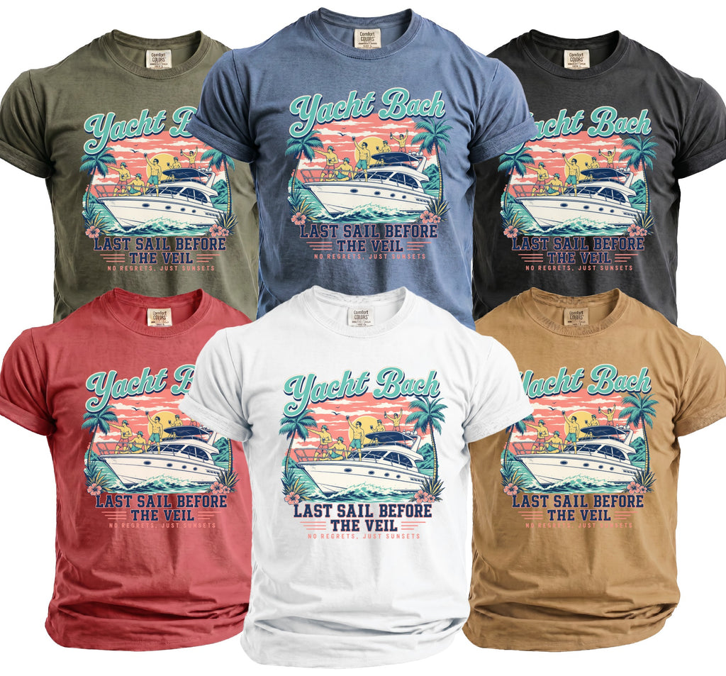 Six t-shirts in different colors featuring a Yacht Bach Last Sail Before The Veil graphic.
