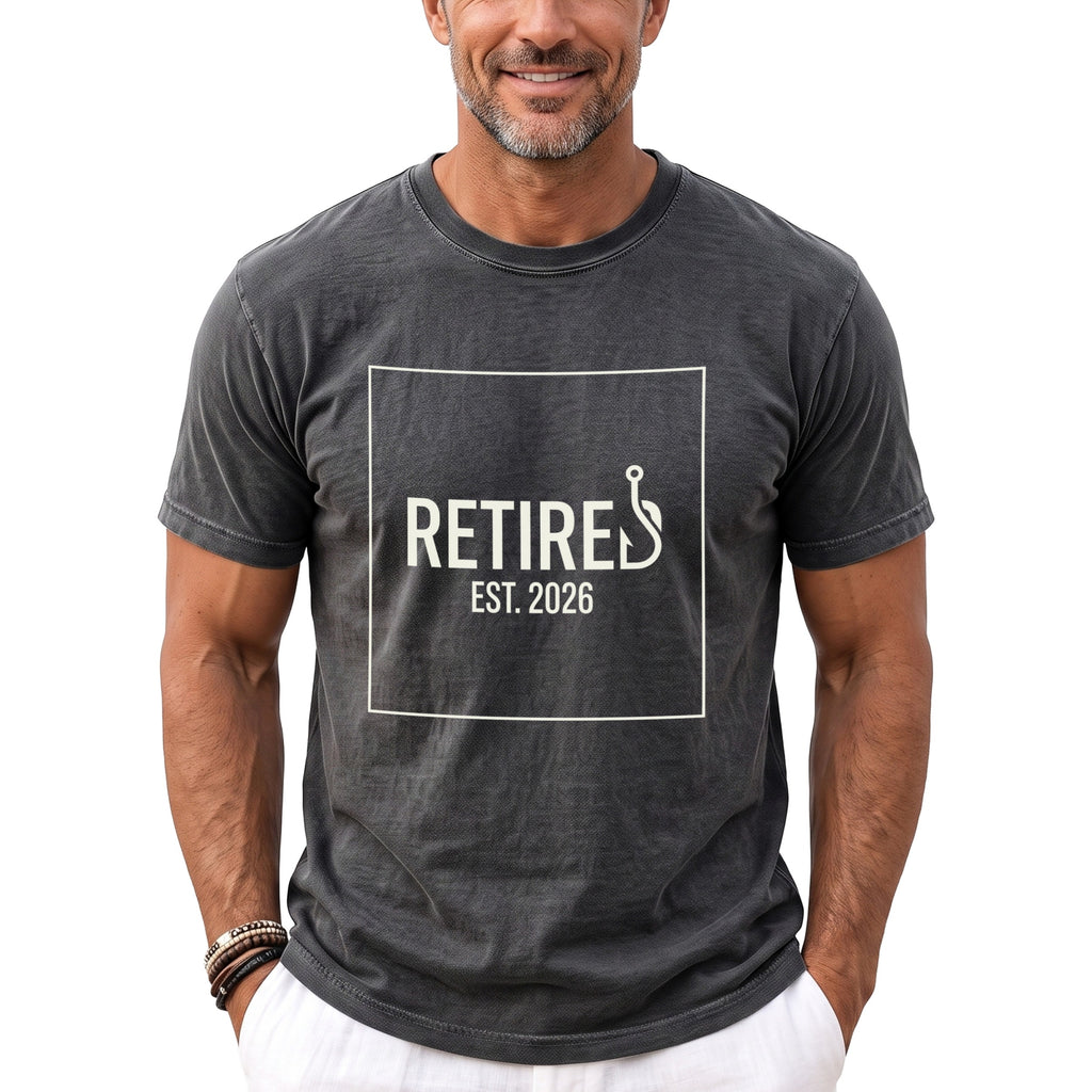 Gray t-shirt with white text "RETIRED EST. 2026" and a fishing hook.