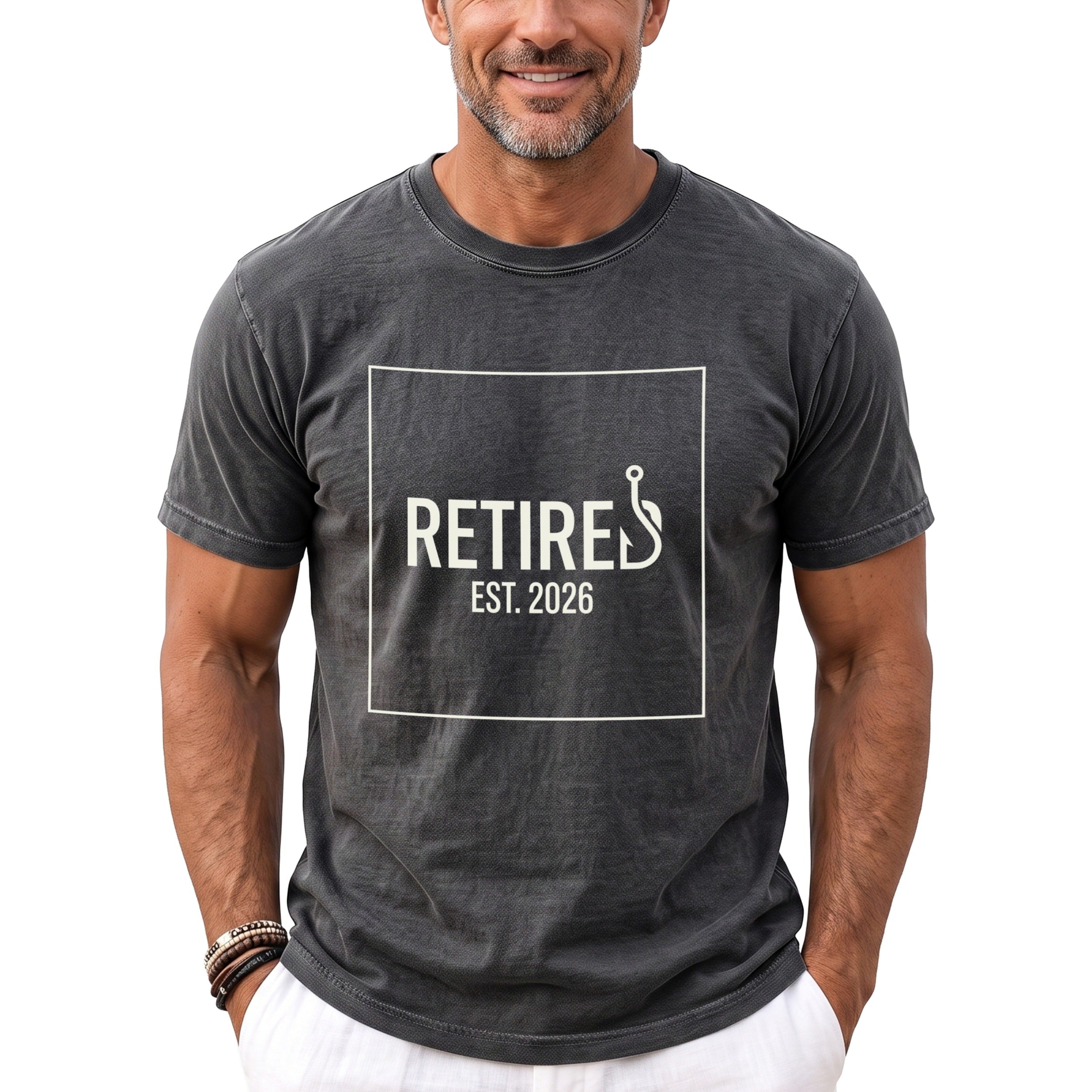 Gray t-shirt with white text "RETIRED EST. 2026" and a fishing hook.