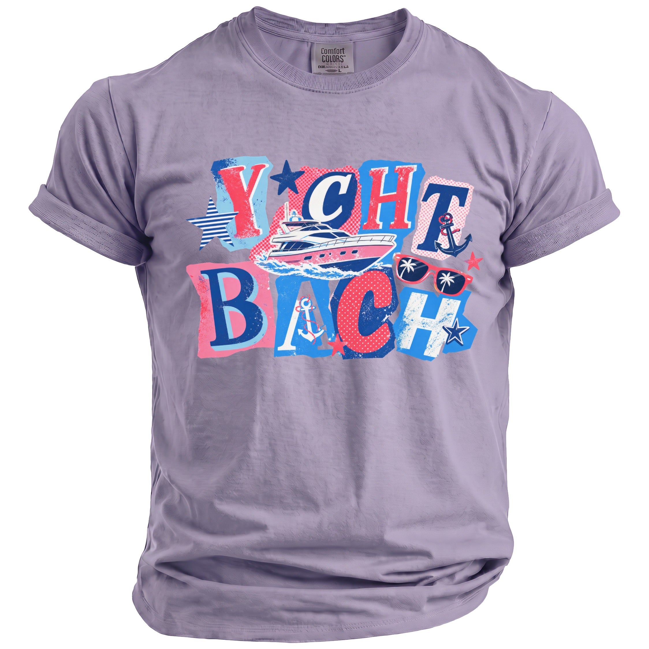 Purple t-shirt with a vintage graphic featuring a yacht and the text Yacht Bach.