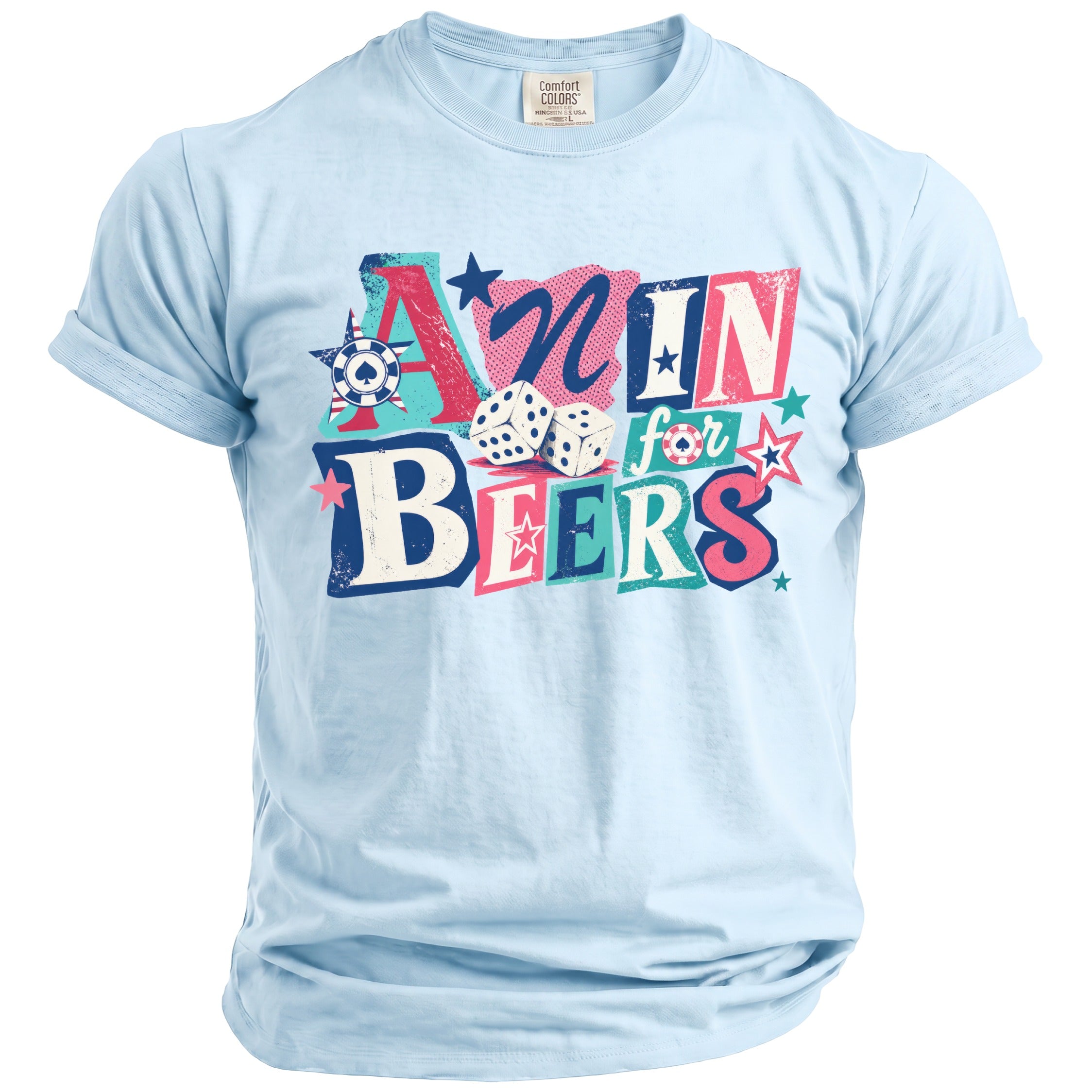 Light blue t-shirt with "All in for Beers" graphic and dice, stars, and casino elements.