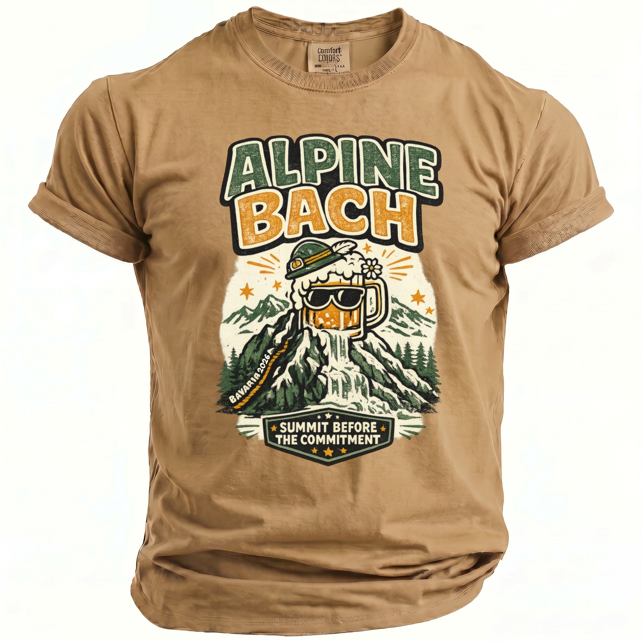 Tan t-shirt with "ALPINE BACH" and mountain beer mug graphic.